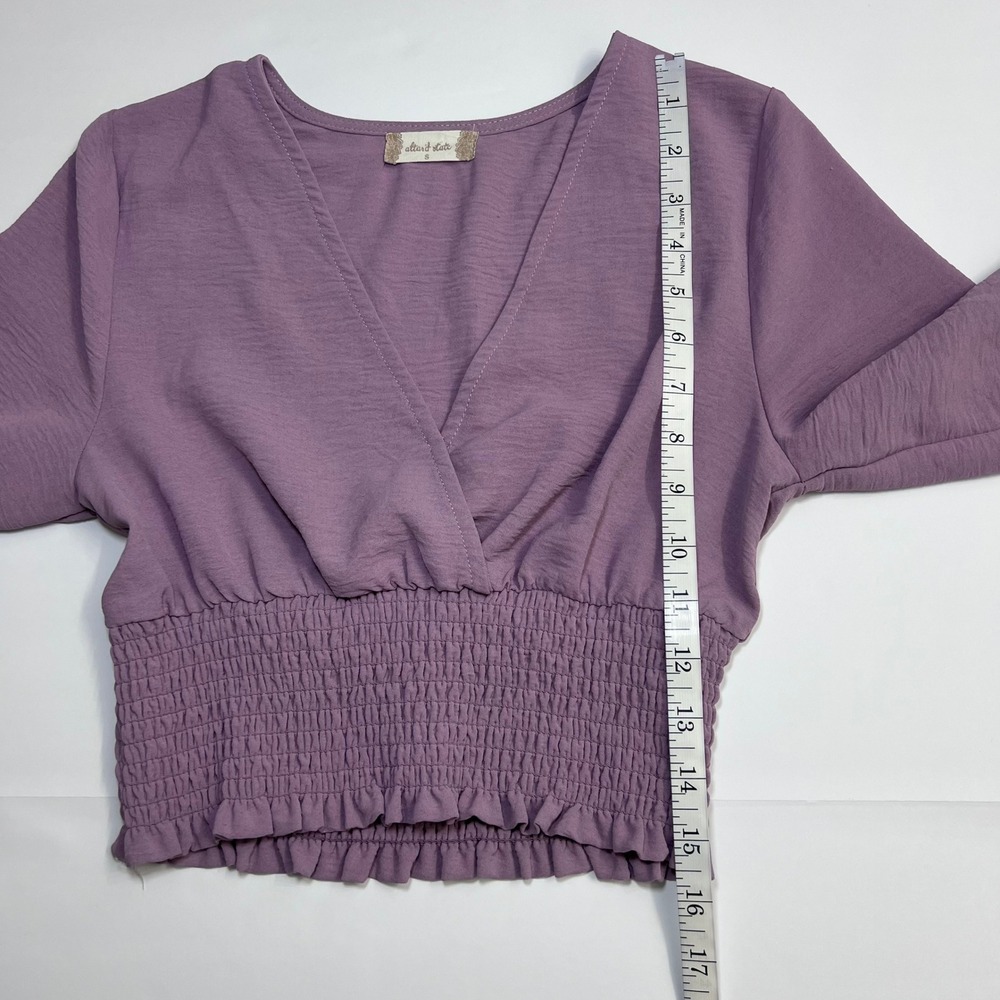 Altar'd State Crop Top Small Purple V Neckline Smocked Waist Ruffle Long Sleeve - Picture 7 of 12